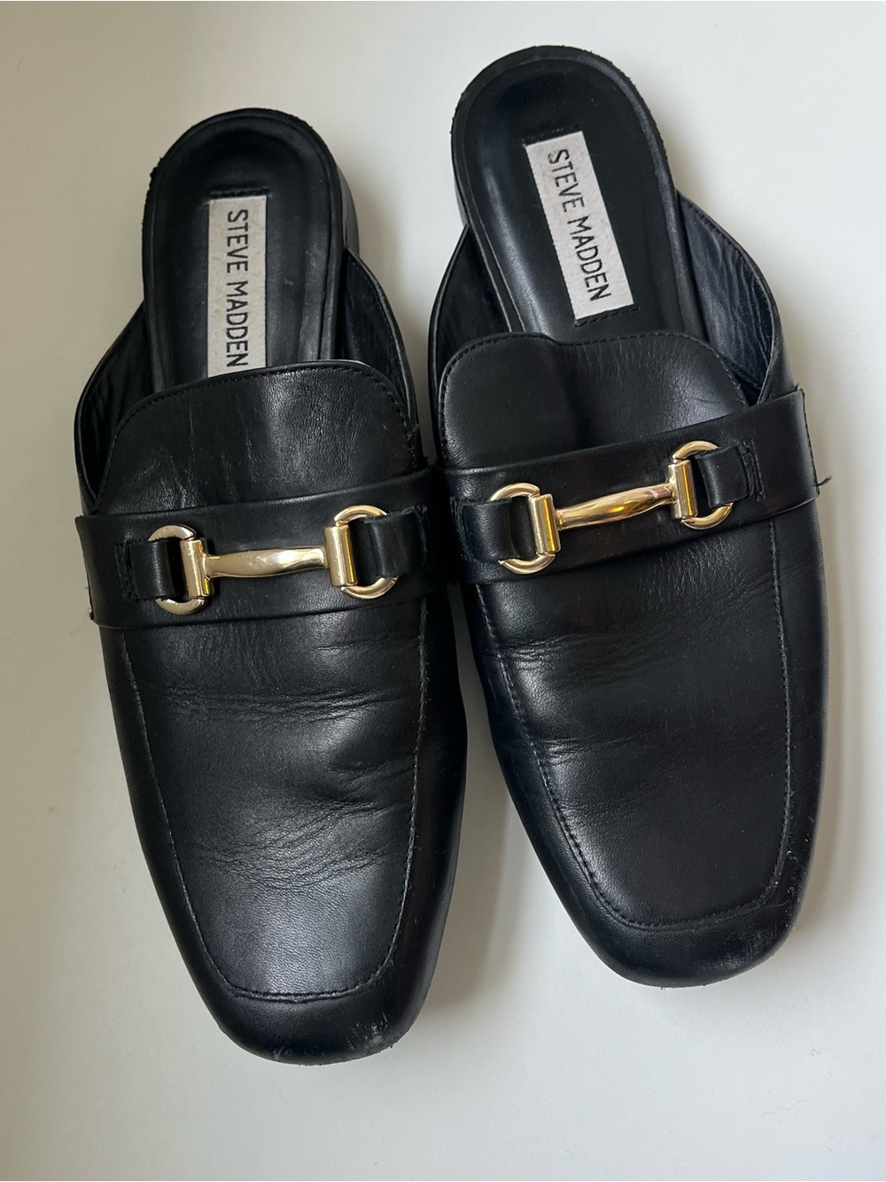 Steve Madden Women’s Black Leather Slip-On Loafers with Gold Bit